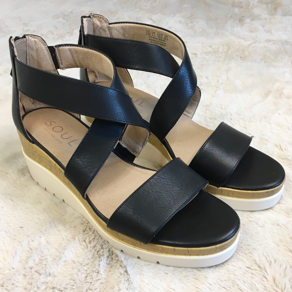 NEW Soul Naturalizer Black Goodtimes Wedge Sandals Size 9.5 Wide